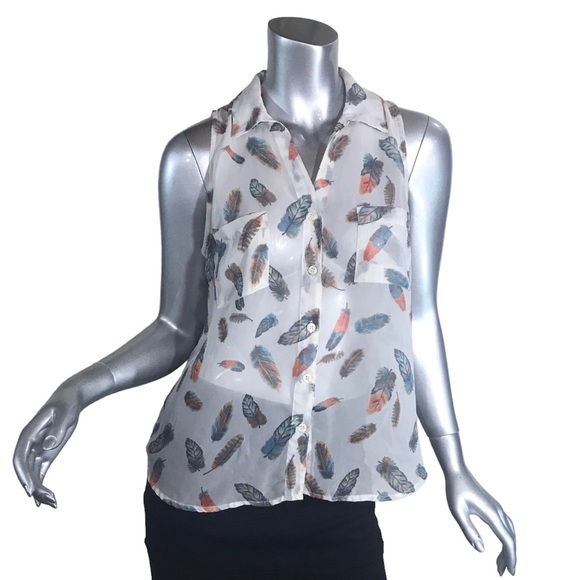 Ultra Flirt Women’s Medium Large Sleeveless Blouse Feather Pattern Semi Sheer - Picture 1 of 13